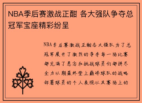 NBA季后赛激战正酣 各大强队争夺总冠军宝座精彩纷呈