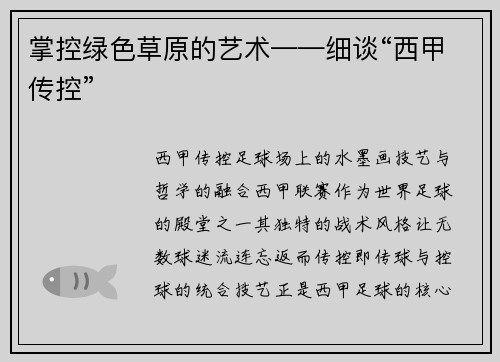 掌控绿色草原的艺术——细谈“西甲传控”