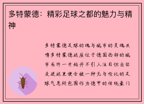 多特蒙德：精彩足球之都的魅力与精神