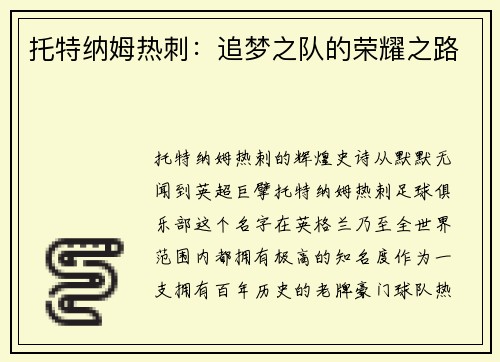 托特纳姆热刺：追梦之队的荣耀之路