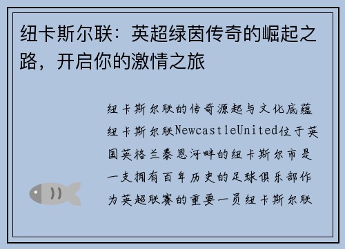 纽卡斯尔联：英超绿茵传奇的崛起之路，开启你的激情之旅